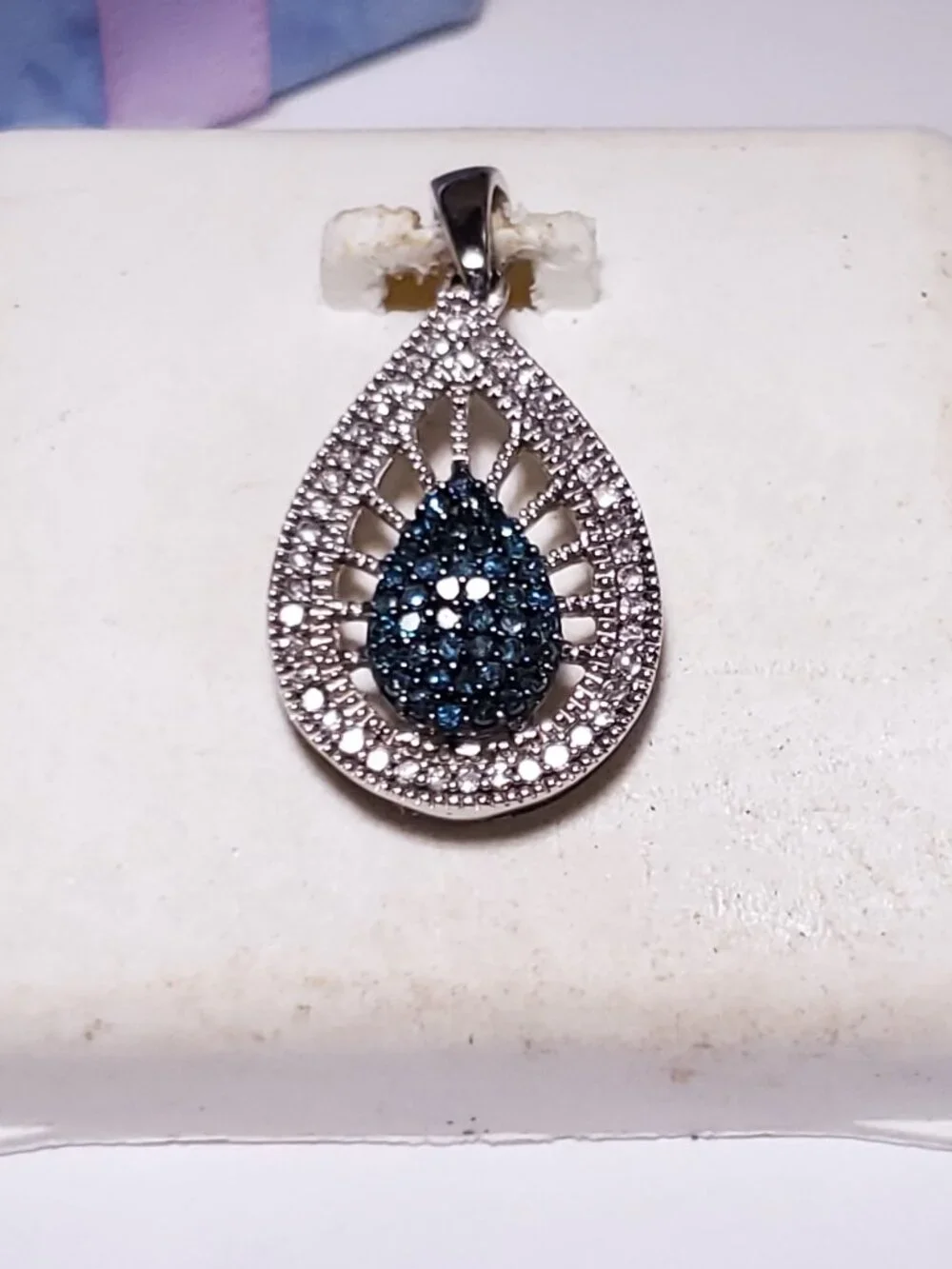 Estate .25ctw Blue & Wht Diamond filligree Tear drop 10KT WhiteGold Pendant24990